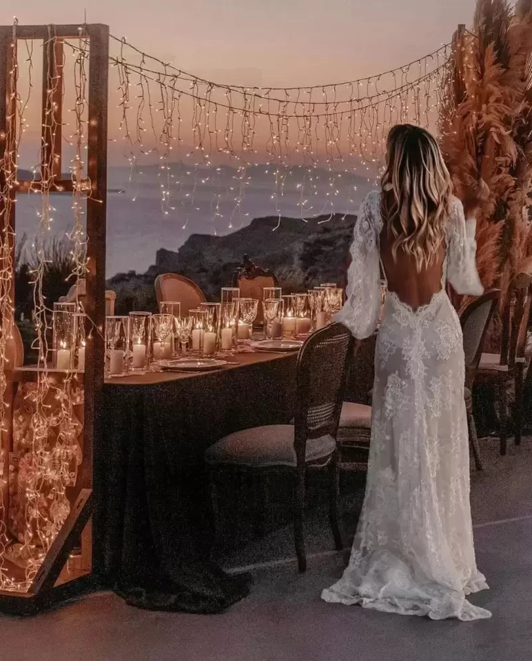 České svadobné šaty čipky V-krk Elegantné svadobné šaty boho pláž svadobné šaty dlhé rukávy otvorené zadné vestido nová