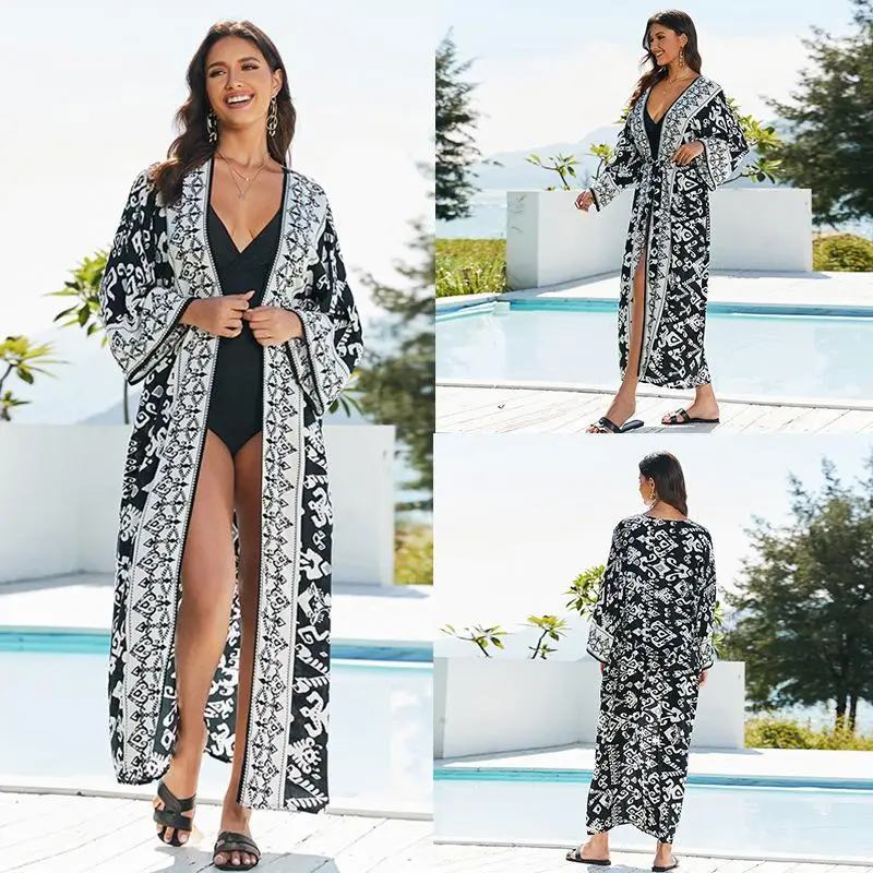 České tlačové bikiny zakrývanie dlhé tunikové sveter Sexy kimono plážové šaty Dámske plážové nosenie pláva