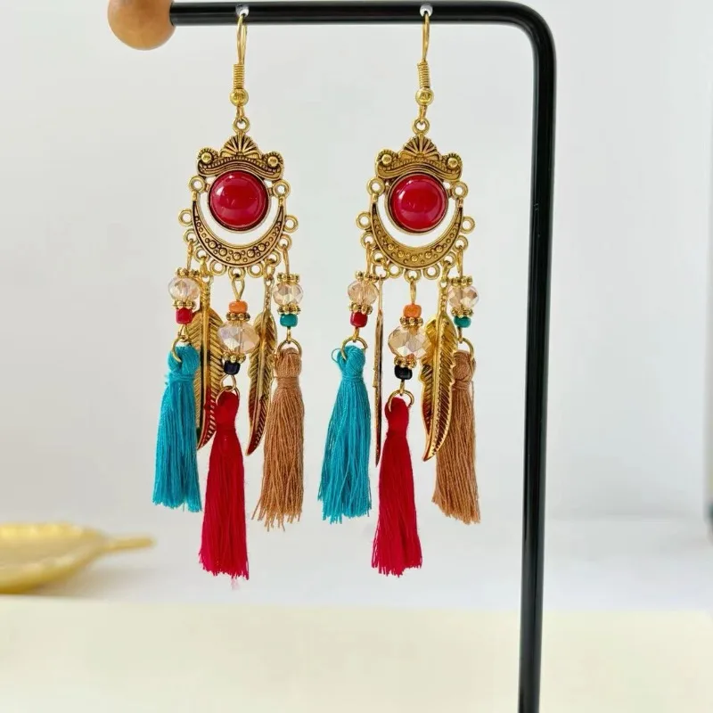Český etnický klenot Multicolor Multicolor Tassel náušnice Dámske starožitné listy dlhé náušnice Tibetské šperky boucle Oreille femme