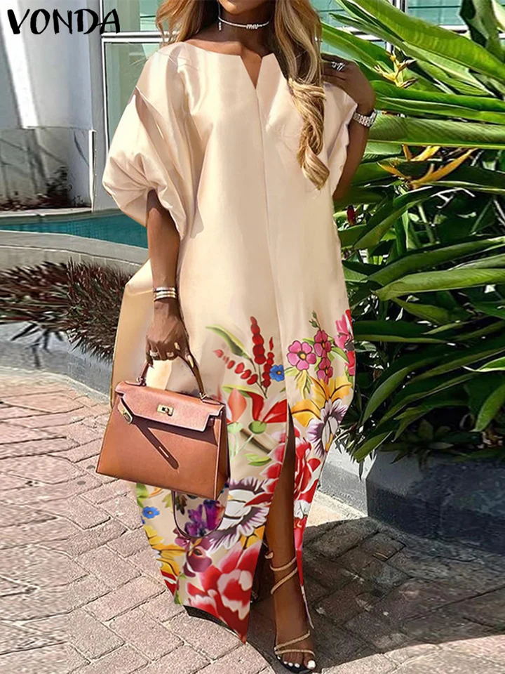 Český saténový hodváb maxi dlhé šaty 2025 Ženy Summer Sundress Elegantné napoly rukáv V krk Vestidos nadmerne ležérne voľné rúcho