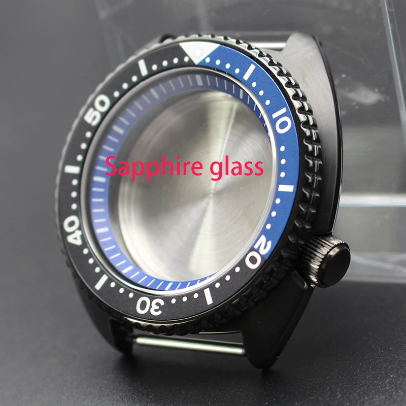 Čierna 45 mm PVD Dive Watch Case Case Sapphire Crystal Glass SKX007 Mod pre Seiko NH34 NH35 NH36 NH38 MOHE