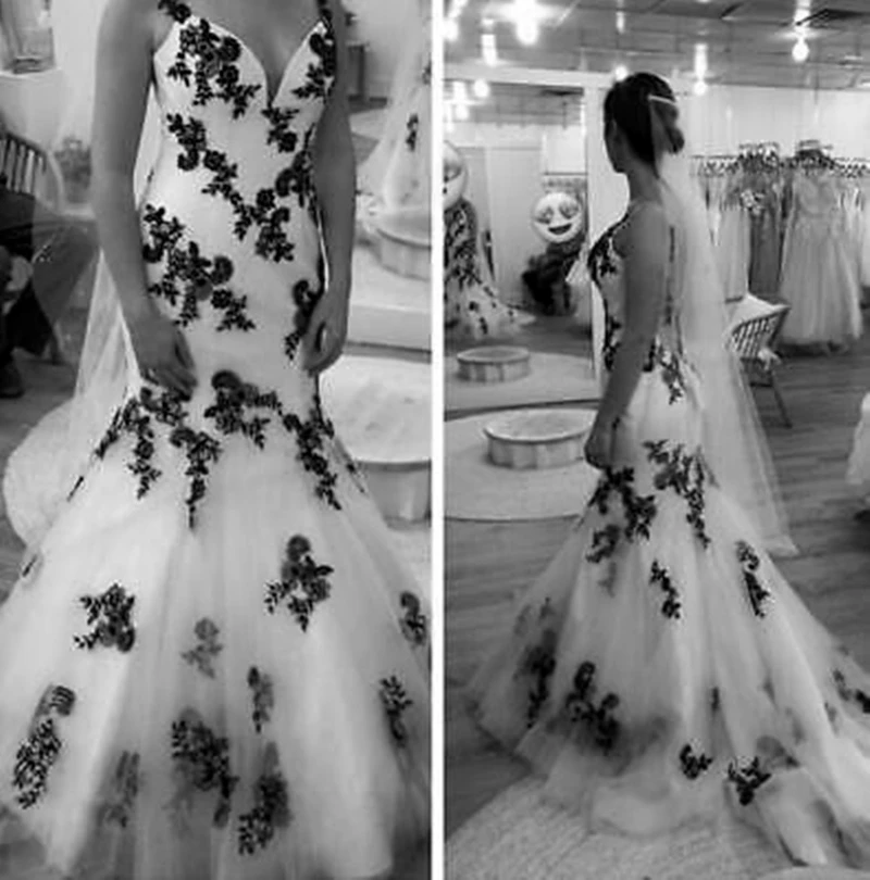 Čierna a biela morská panna svadobné dreses čipky s čipkami remienok dlhé gotické svadobné šaty prispôsobené zadným šnurovaním plus veľkosť Vestido