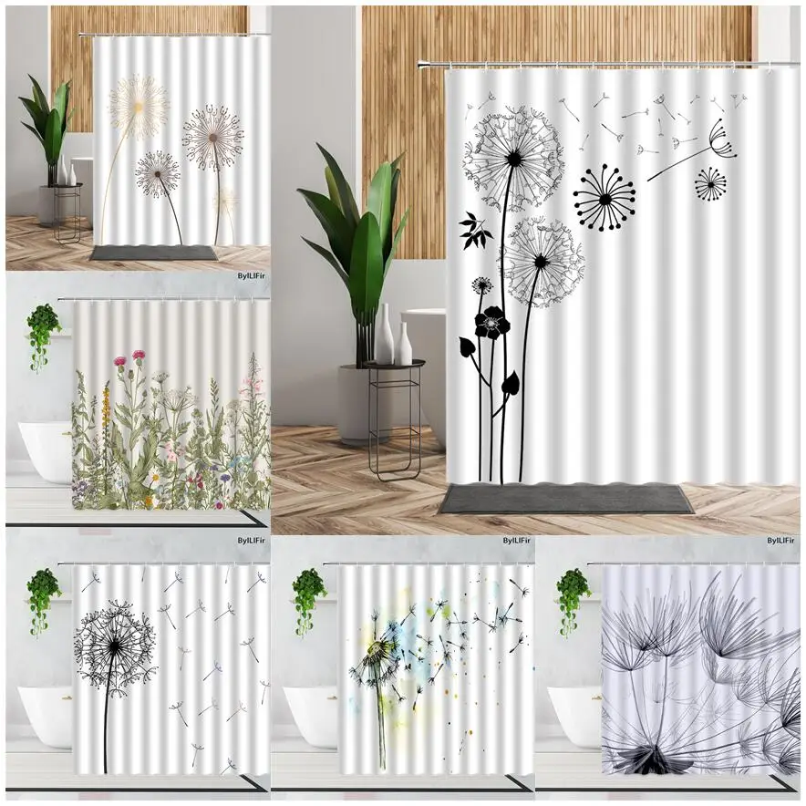 Čierna a biela sprchová záclona Rastliny kvety dandelion the tkant erotes dekorácie súpravy nepremokavé domáce kúpanie záves