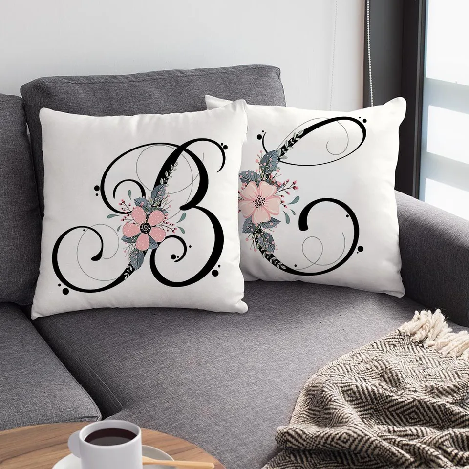 Čierna abeceda kvetinová tlač vankúš biely polyesterový vankúš pre obývaciu izbu Sofa Nordická domáca dekorácia vankúšový puzdro