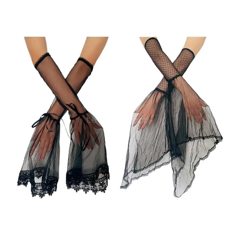 Čierna dlhá čipka manžety pre ženy dospievajúce dievča Elegantné odnímateľné výzdobové rukávy rukávy Halloween kostýmy rukavice kostýmy