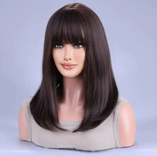 Čierna hnedá syntetická parochňa s ranami stredné dlhé priame kučeravé parochne pre ženy Cosplay Denné večierky tepelne odolné voči vlasom vlákniny