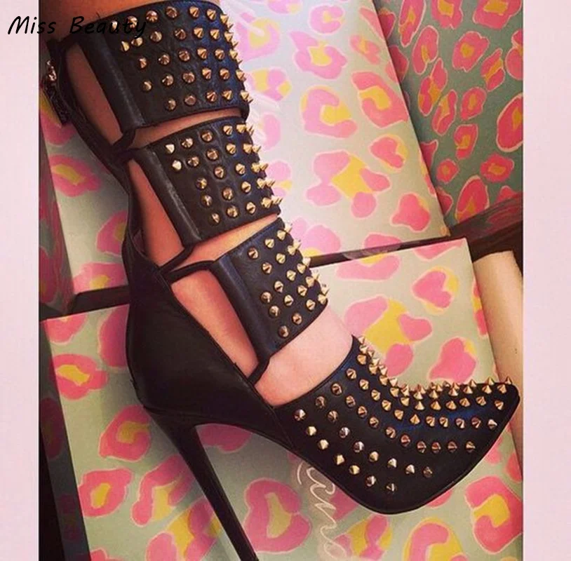 Čierna kožená zlatá nitka Holloe out Stiletto päta topánky tenké päty stredné lýtkové topánky Ženské šnurovanie špičat