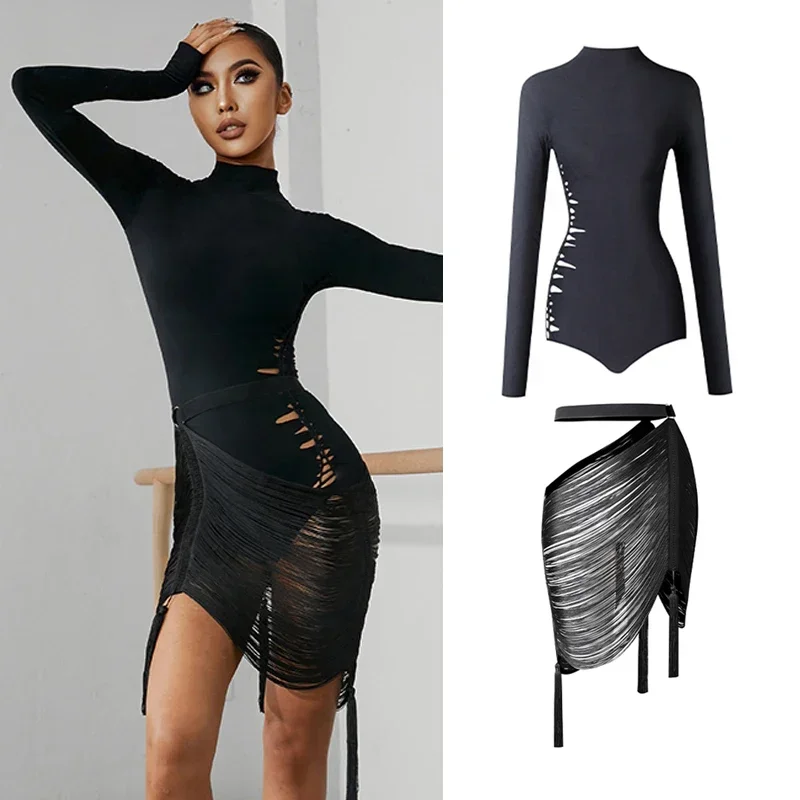 Čierna latinská tanečná súťaž Šaty Ženy Dlhé rukávy Fringe šaty Cha Cha Rumba Salsa Dance Clothing Latin Tops Sukňa DNV17155