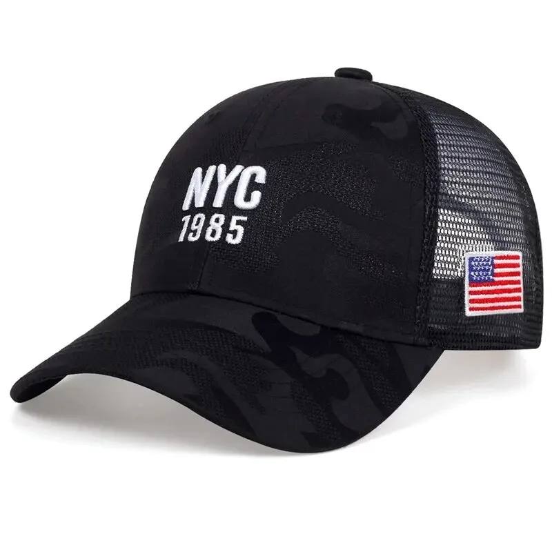 Čierna maskovačka NYC1985 vyšívacia baseballová sieť Spring a leto vonkajšie nastaviteľné neformálne klobúky Slnečné klobúky