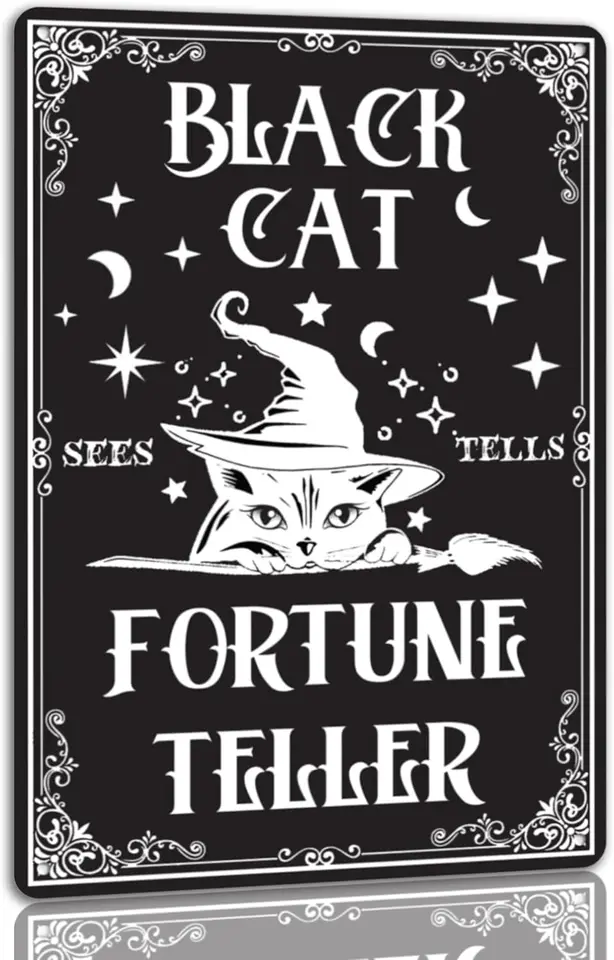 Čierna mačka Fortune Teller Tin Sign Halloween kovová značka Vintage strašidelné dekorácie gotické halloween dekorácie pre kaviareň Bar kuchyňa 8x