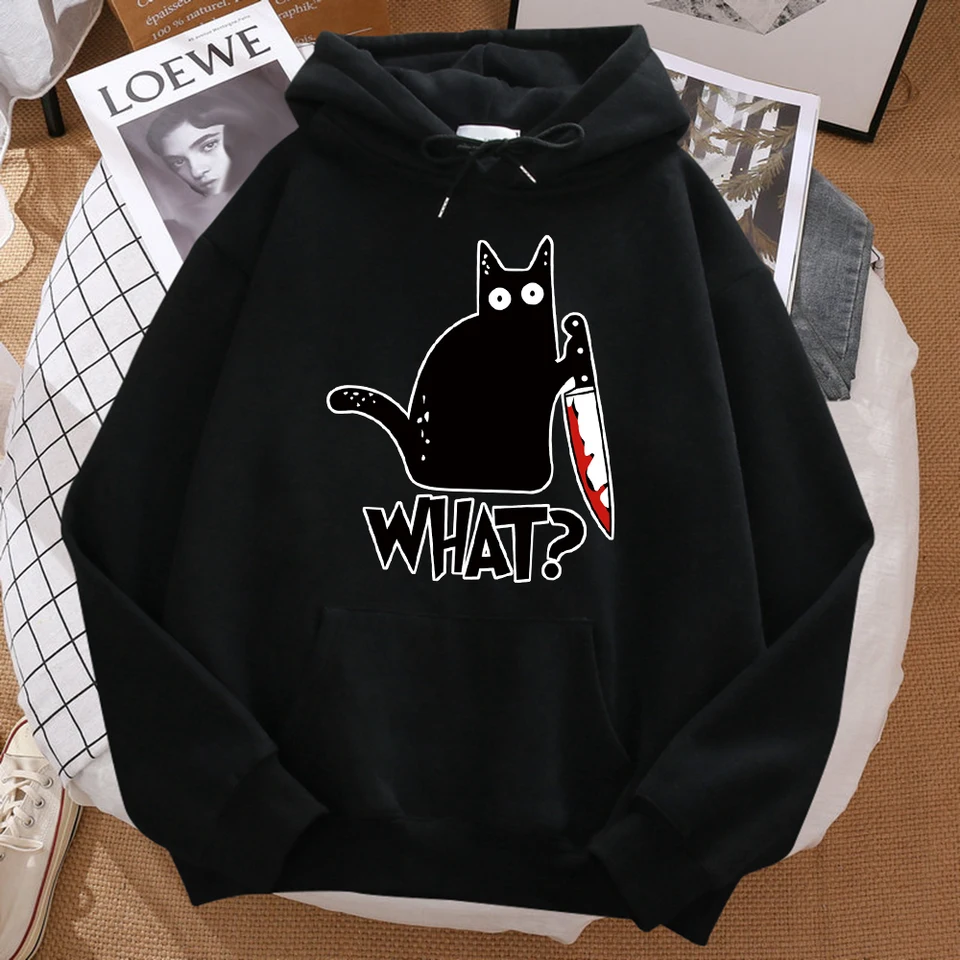 Čierna mačka, čo tlačia s kapucňou ženy plus veľkosť klasické jednoduché mikiny estetické trendy pullover unisex pohodlnú mikinu