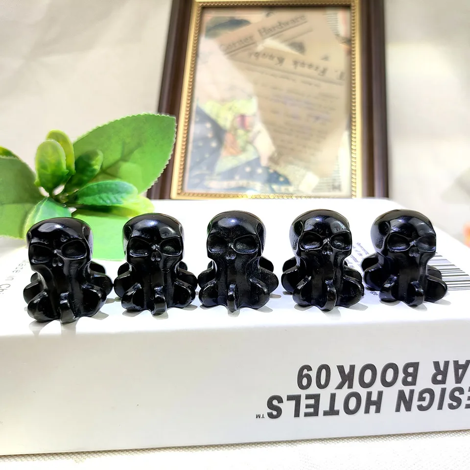 Čierna obsidiánska kostra lebka lebka chobotnica handcraft socha prírodný reiki liečivý krištáľový dom dekor Halloween Kids Collection Gifts