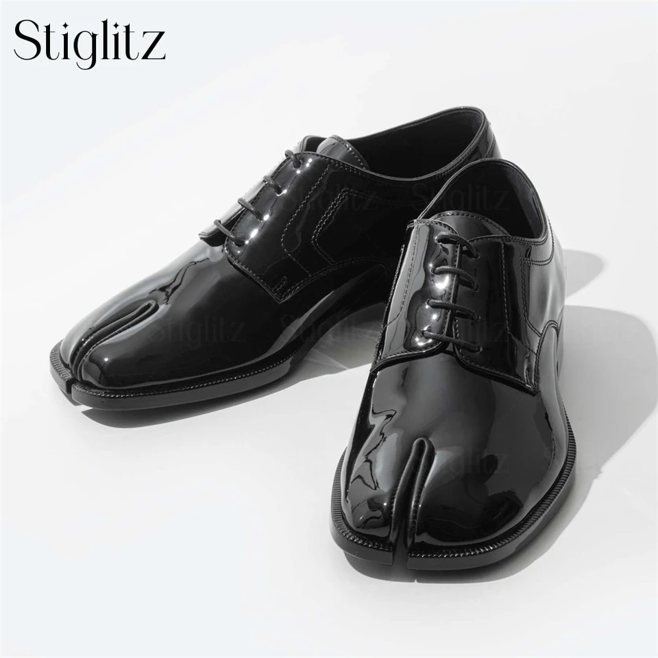 Čierna patentová koža tabi oxfords námestie Split Toe Novinka kožená kožená obuv dizajnér Lace-up kožené mužské topánky elegantné šaty topánky