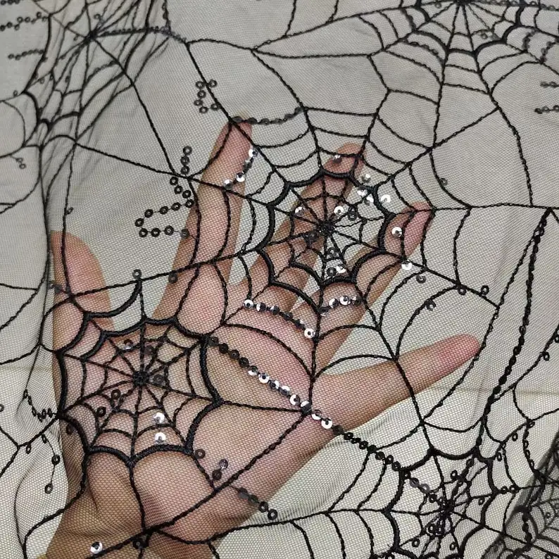 Čierna pavučina Web Lace Fabric Black Flowin výšivka Tylová látka pre Halloween DIY, šaty, svadobný závoj, domáca dekorácia