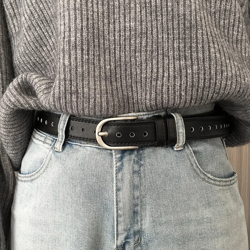 Čierna pu koža Full Hole Belts for Men Dámske džínsové džínsy móda jednoduché študenti pás dekoratívne opasky popruhy