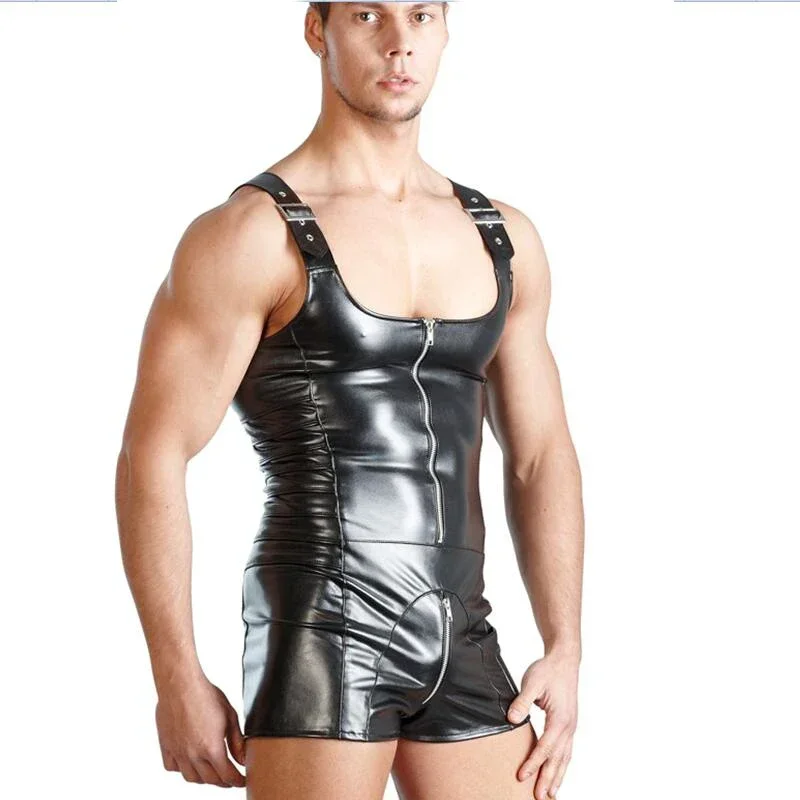 Čierna pu kožená sexy klubové oblečenie Mužský zips Open Crotch Spandex Catsuit
