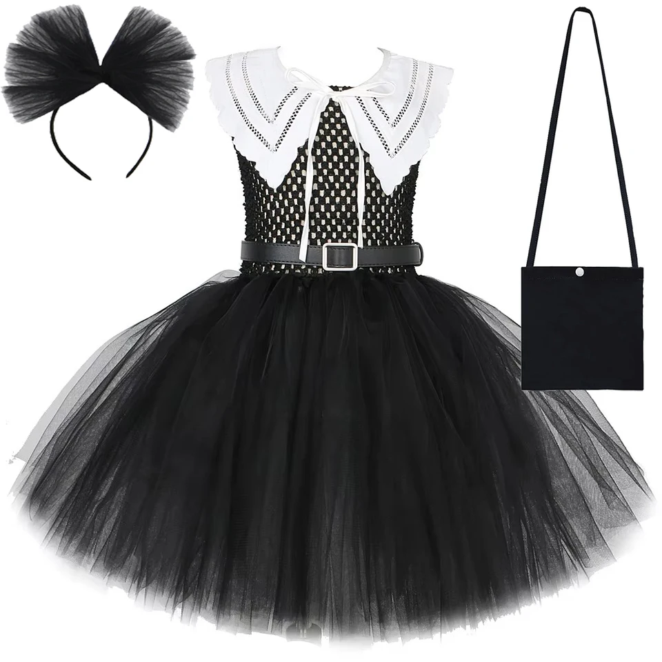 Čierna streda Addams Costume Girls Halloween Karneval šaty pre deti Školské dievča prepravné oblečenie s čipkovaným golierom