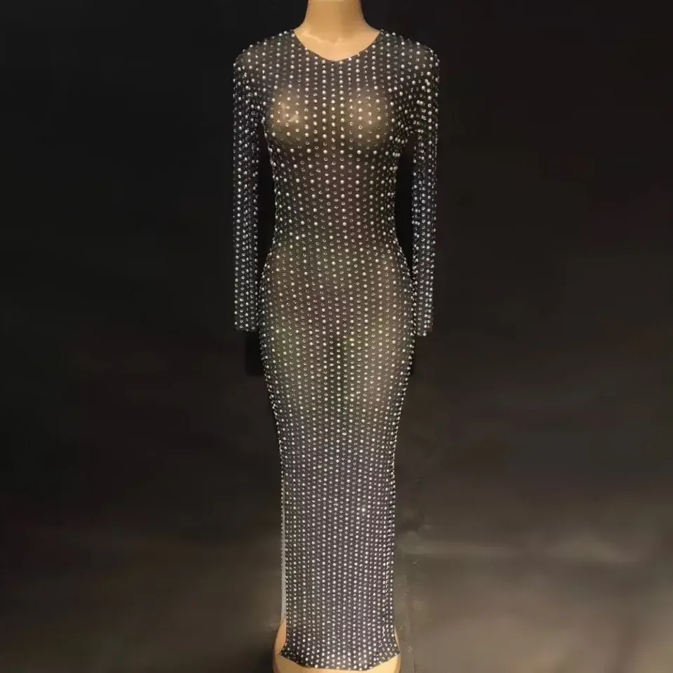 Čierna strieborná sieť sexy priehľadné dlhé šaty kamienky módne módne šaty Bodycon Party Dress oslavovať kostým výkonu