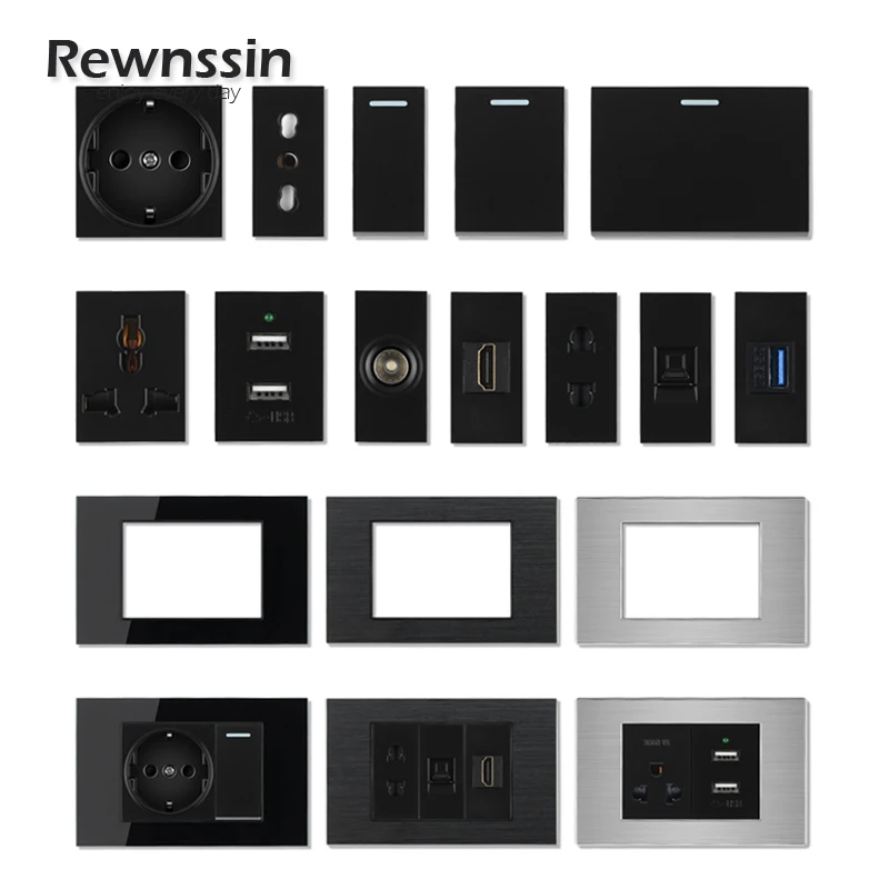 Čierne 118 STARTOVÉ SACKETY EÚ Taliansko Univerzálne DIY Prispôsobenie objímky Modul + rám panela, CAT5E CAT6 Net Data Ports, USB Outlet