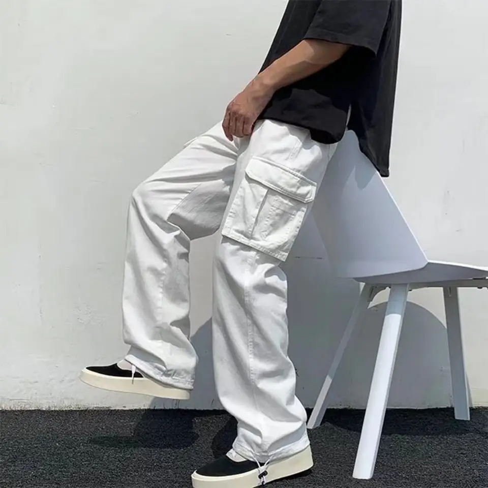 Čierne/biele príležitostné nohavice Pánske móda voľné priame nohavice na široké nohavice Men streetwear hip-hop vreckové nohavice pánske nohavice pánske nohavice