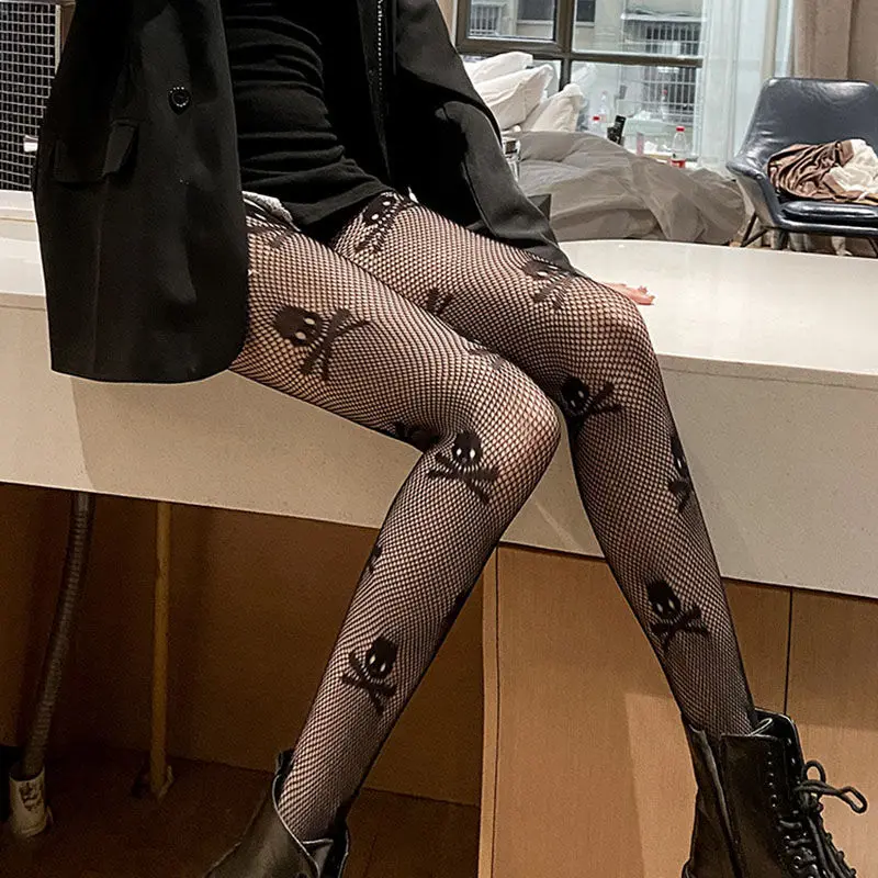 Čierne gotické rybolovné pančuchy punkové pančucháče punkovej lebky lebka Print Designer Pirát Halloween Fancy Party Club Sexy pančucháče pančuchy