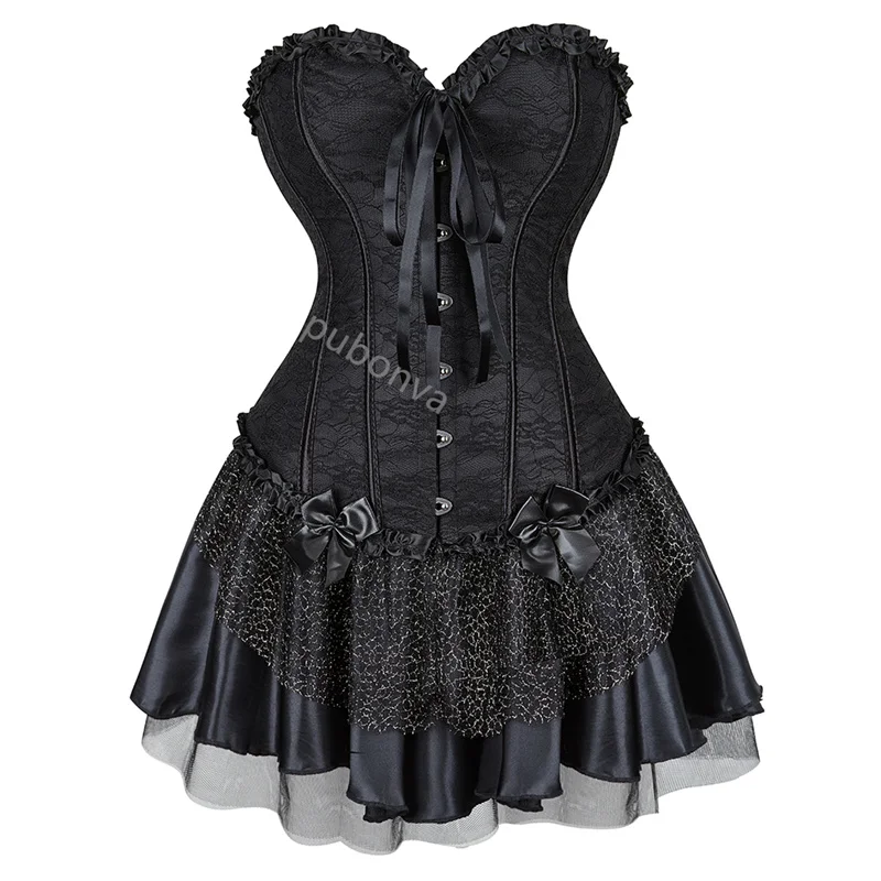 Čierne korzetové šaty Tutu Skrits Set Overbust s čipkovanými kostýmami Party Sexy burlesque dámske basky outfit plus veľkosť ročníka