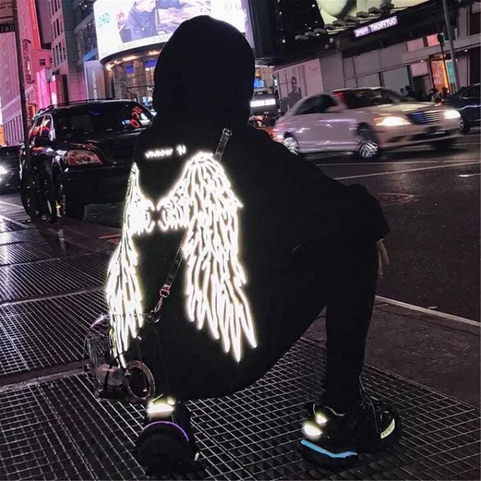 Čierne krídla Reflexná tlač mikiny pulvover mikina Príležitostné dlhé rukávy voľné Harajuku High Street Tops Tops Streetwear oblečenie