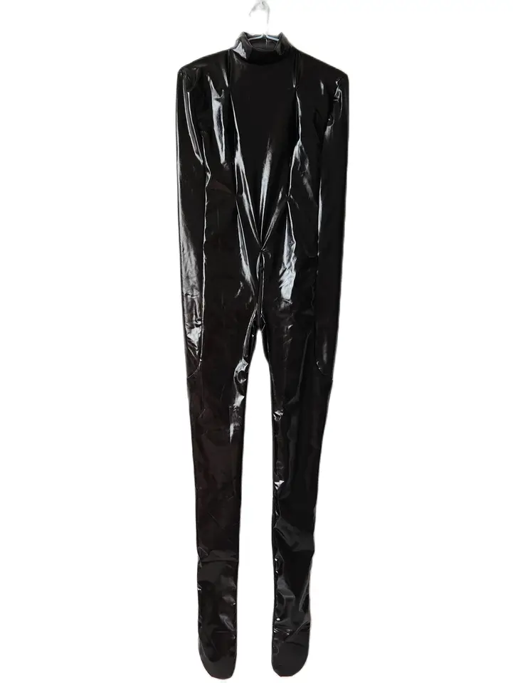 Čierne lesklé kovové kovové zentai catsuit majú vnútorný rukáv s poprsím zips Party Cosplay kombinézy s taškou Body Bag Fancy Dress 3-dráhy zips