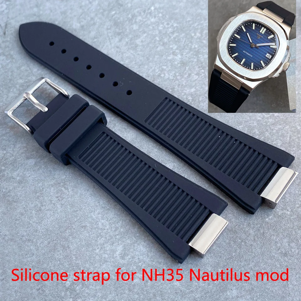 Čierne/modré silikónové hodinky pre remienok pre v štýle Nautilus NH35 NH36 hodinky Men oceľové koncové spojenia PIN pracka
