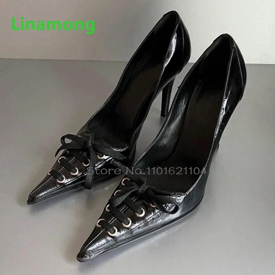 Čierne pinty na špičke Slip-On Pumps for Women Women Thin High Päty šnurovanie motýľa