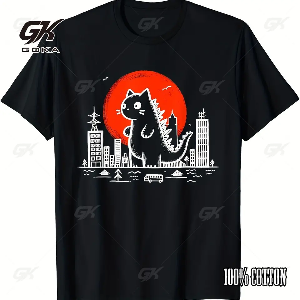 Čierne tričko s Catzilla Graphic rozkošná mačka Monster City scéna odvážny červený slnečný dizajn Zábava a hravé neformálne odpaliská Ženy