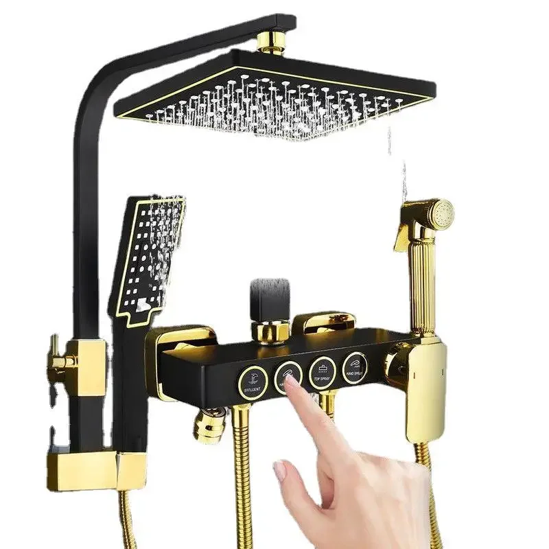Čierne zlato termostatická sprcha sada jediná kúpeľňa Tap Rain Hot Cold Mixer faucet kúpeľňa faucet systém vyrobený mosadzná keramika