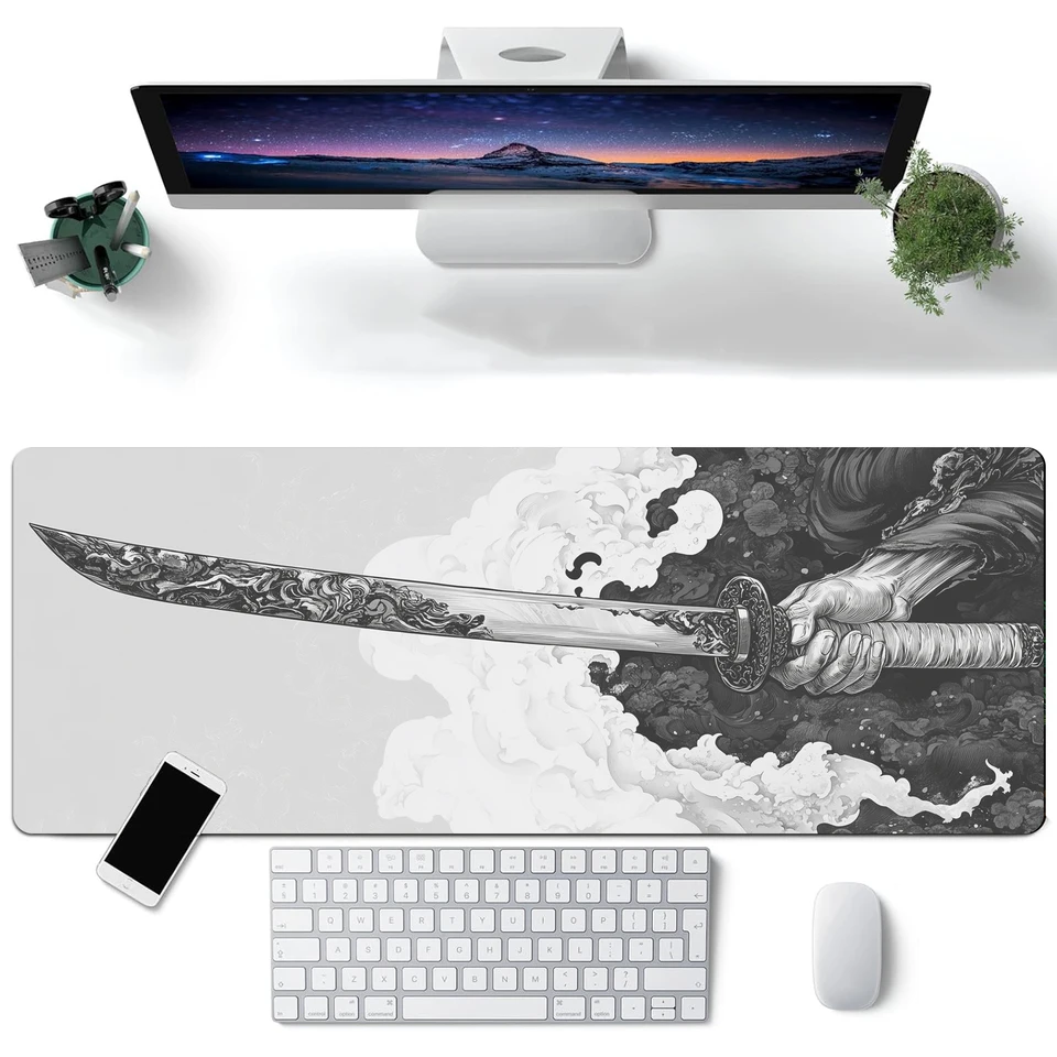 Čiernobiely komiksový veterný meč Model Klávesnica Mouse Desk Desk, 3D herná podložka myši s nekĺzavým gumovým základným stehovaným okrajom
