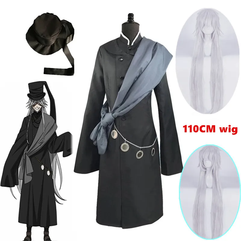 Čierny, ale Ler Kuroshitsuji Undertaker Cosplay kostým Halloween Party kostýmy na mieru vyrobené plnohodnotné reťazce klobúkov a parochne