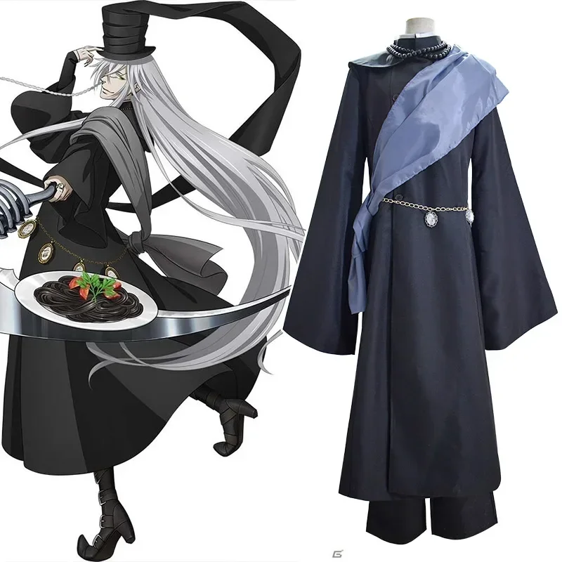 Čierny Butler Kuroshitsuji Undertaker Cosplay kostým Halloween Party kostýmy na mieru vyrobené plnohodnotné klobúkové reťazec a parochňa