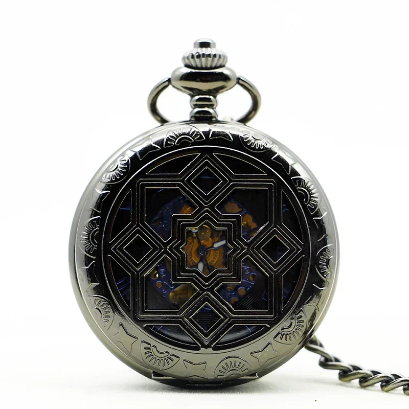 Čierny klasický vzor okien Dutiny Vintage Mechanické vreckové hodinky pre mužov Dámske parné prívesok prívesok retiazka ruka FOB Watch