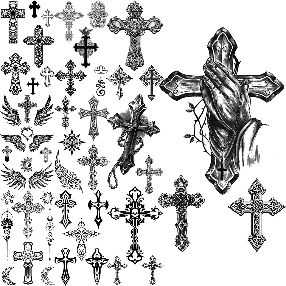 Čierny kríž sa modlite dočasné tetovanie pre dospelých mužov Realistické krídlo Nepooderné falošné tetovanie Sticker zadné rameno Tatoos malé