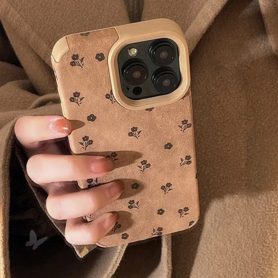 Čierny kvetinový telefón pre iPhone 16 Pro Max 12 11 13 14 15 Pro 16 Plus 14Promax 11Pro Premium ovčieho kožného silikónového zadného krytu
