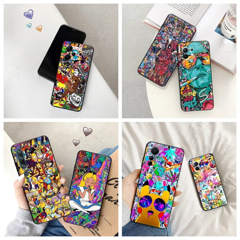 Čierny matný telefónny puzdro pre Xiaomi 12s 13 12 Lite 12T 12x CC9 Redmi A1 A2 12C Note12 Pro Cartoon Graffiti Sticker Cute Soft Cover