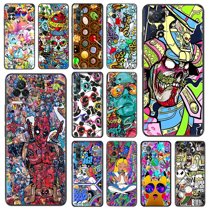 Čierny puzdro na telefón Anti-Drop pre Xiaomi Mi 9 9T Cartoon Graffiti Sticker Cute Redmi Note