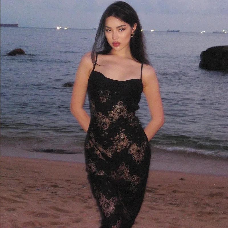 Čierny sklz backless kvetinová tlač Patchwork čipky sexy bodycon maxi šaty 2023 letné párty klubové dovolenkové oblečenie