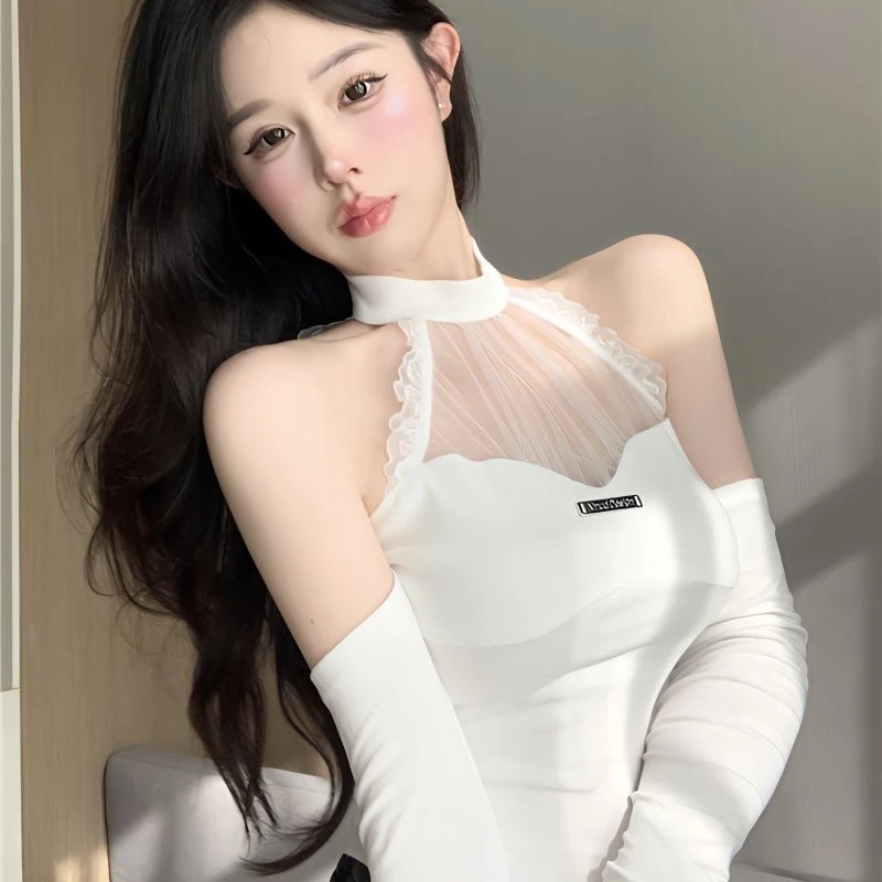 Čipka Halter Neck Hot Girl Vesta Ženy Nové sieťové čipky krátke top čistou túžbou rybí