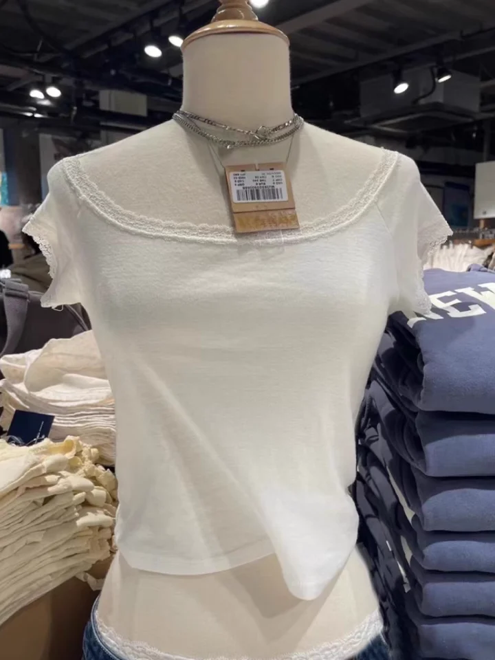 Čipka Patchwork biela plodina top pre ženu s krátkym rukávom okrúhly krk jednoduché tričká ženské letné americké vintage elegantné tričko