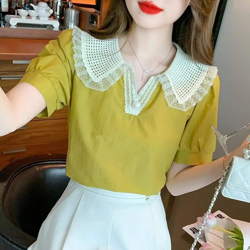 Čipka Patchwork leto Peter Pan golier gombíka dutina z lucerny s krátkym rukávom Pevná farba pullover tričko All-Match Tops