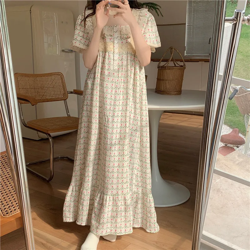 Čipka voľného mäkkého domova Krátke rukávy letný koreanský štýl nočné dresy Ženy tlač Kawaii etnický štýl ins elegantné neformálne spánkové oblečenie