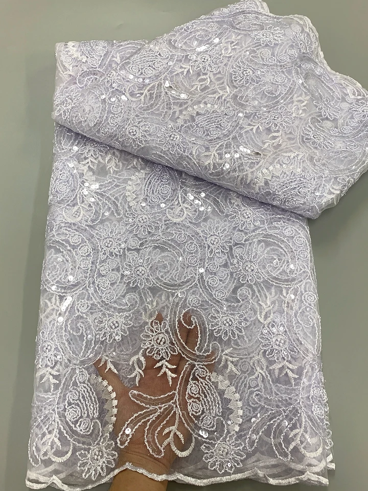 Čistá biela africká guipurová šnúrka Lace Lace Tkanina 2024 High Kvalitná francúzska flockú luxusnú flitry čipky pre ženy večer