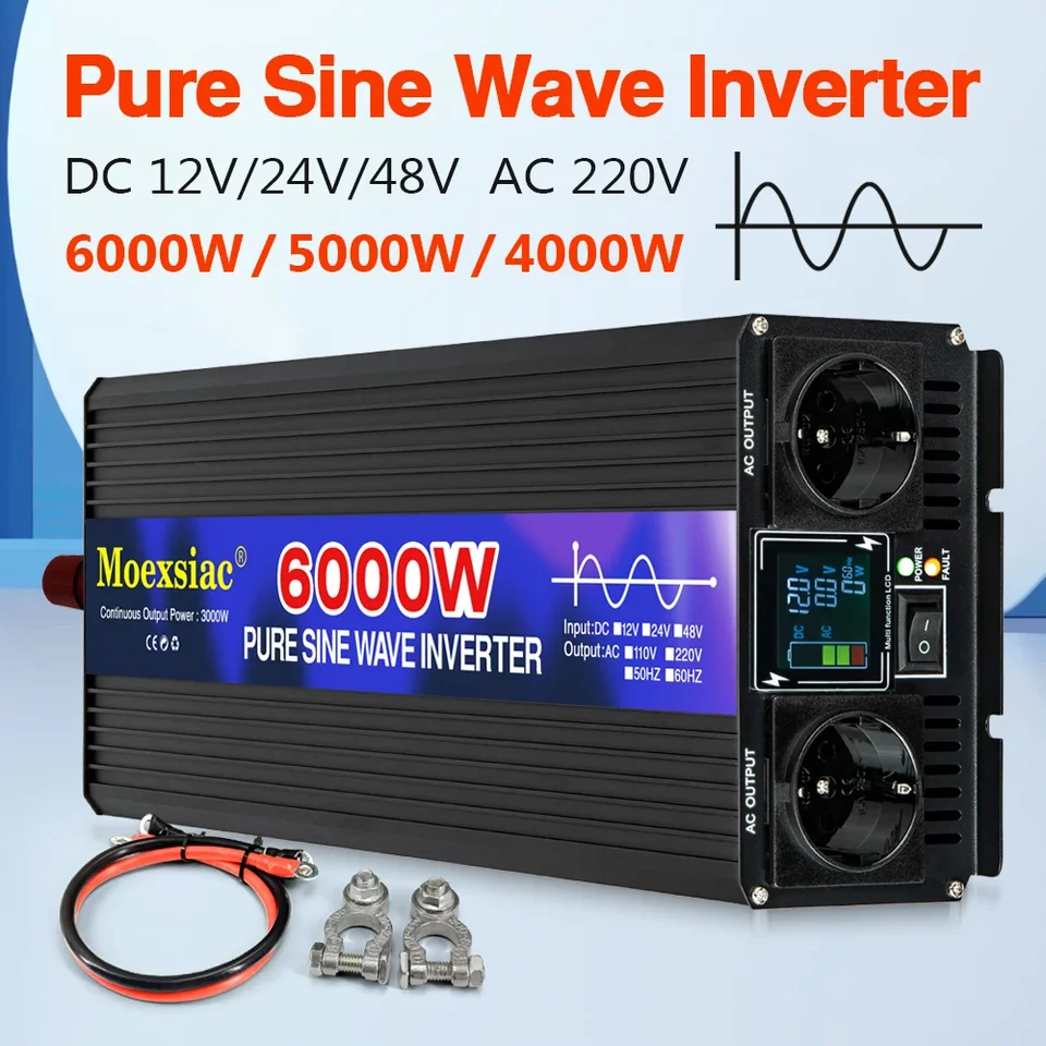 Čistý invertor sínusovej vlny 4000 W 5000W 6000W Double Eu Socket DC 12V 24V 48V až AC 220V 50Hz 60Hz napätie napätia Solárne konvertory
