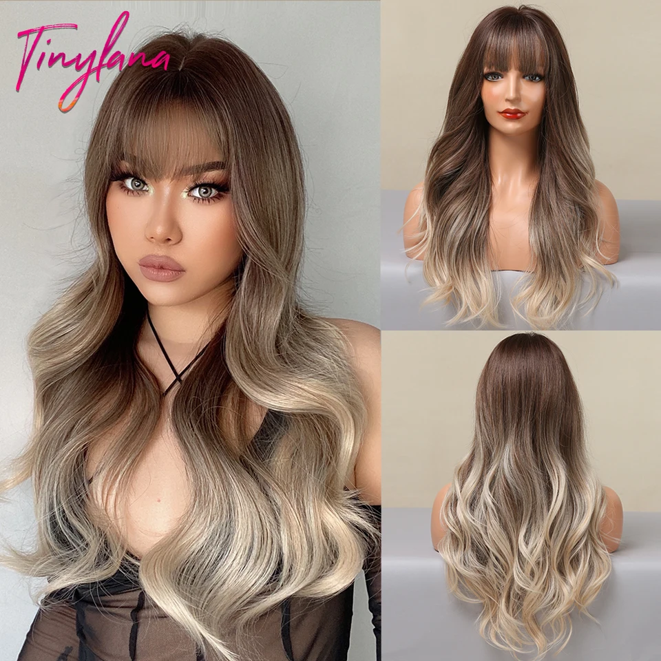 Čokoládová hnedá blondínka dlhá vlnitá syntetické vlasové parochne s ranami pre ženy Ombre prírodná vlna tela cosplay cosplay tepelne parochňa odolná