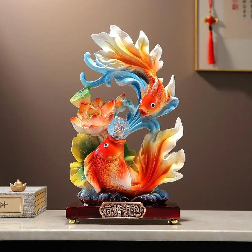 Čínska socha rýb Feng Shui, koi socha, ryby hrajúce dekorácie stolovej plochy stolovej plochy pre vstupnú knižnicu