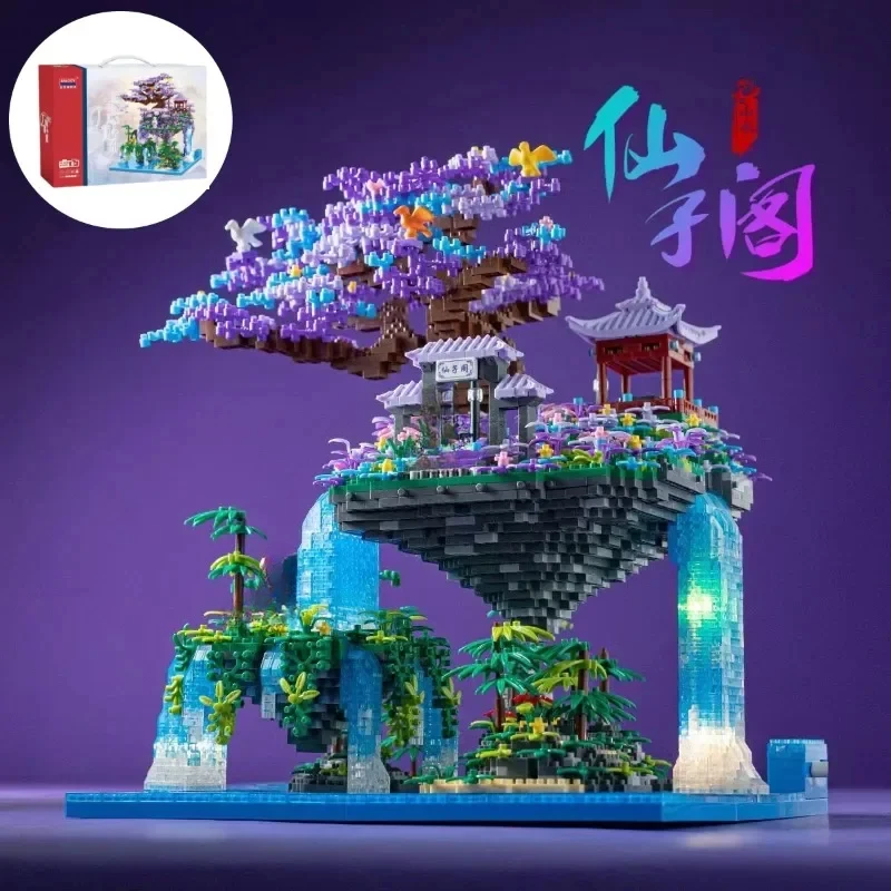Čínska starodávna architektúra Peach Blossom Pond Castle Model Build Block DIY Diamond Bricks s ľahkou detskou hračkou